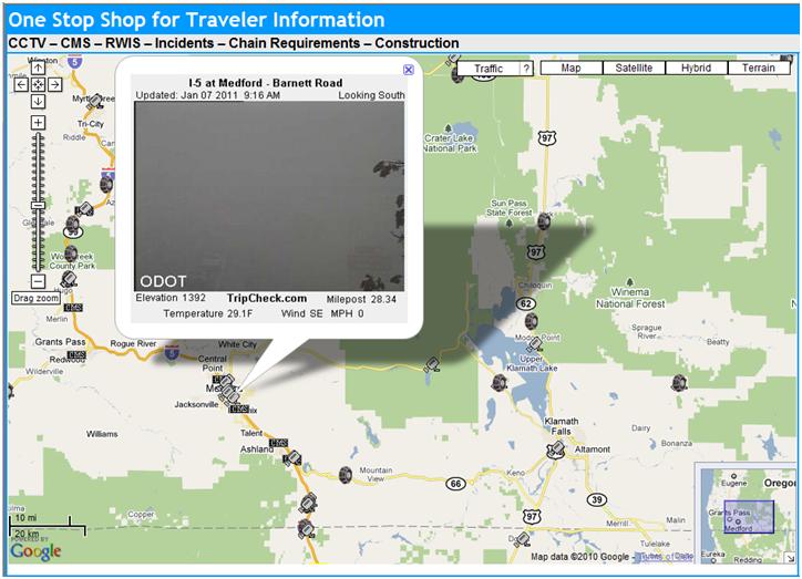 OSS Screenshot (1/7/2011): A CCTV camera near Medford, OR, shows extremely dense fog and almost no visibility.