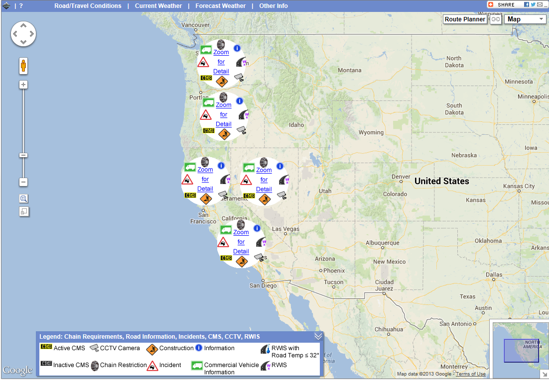 OSS Map Overview – links are provided for quick access to Southern California, Northern California, Nevada, Oregon or Washington Road/Travel conditions.
