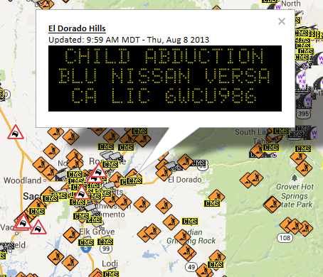 CMS Message near Sacramento showing an Amber alert.