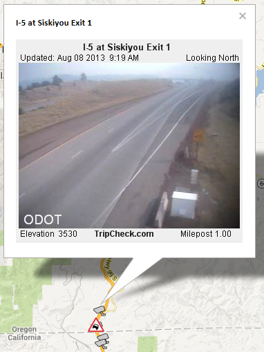 ODOT CCTV Image showing smoke on I-5 near Siskiyou Pass.