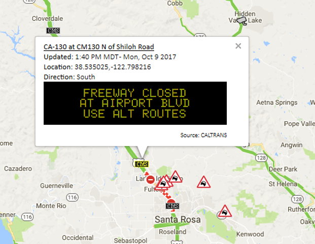 Closure of US 101 shown on a CMS north of Santa Rosa on Monday, October 9, 2017.