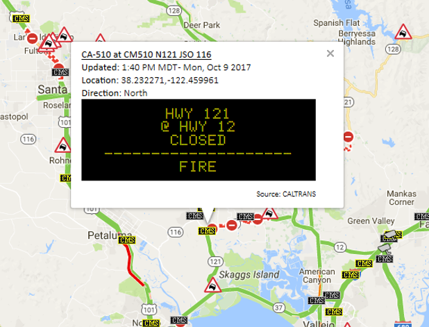 Closure of California State Route 121 shown on a CMS on Monday, October 9, 2017.