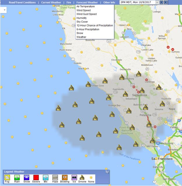 Smoke was forecast to cover a large area north of San Francisco on the afternoon of Monday, October 9, 2017.