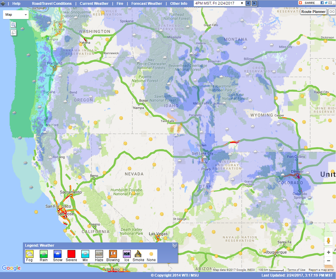 OSS screenshot (2017-02-24) showing weather conditions in the western United States.