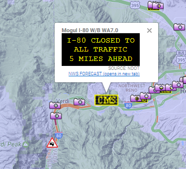 Nevada DOT CMS Message Indicating a Closure of Interstate 80 near the California Border on March 6th, 2017.