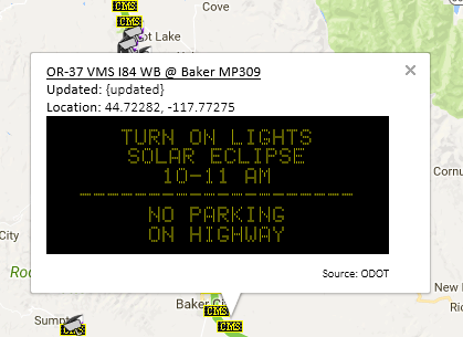 ODOT CMS message along Interstate 84 near Baker, Oregon.