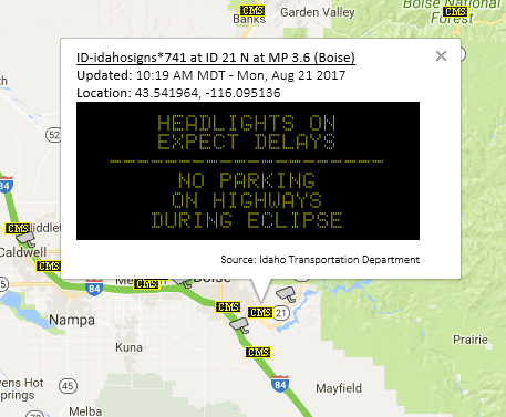 ITD CMS message along Idaho 21 near Boise.