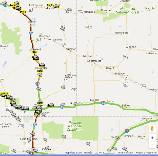 Google Traffic layer after the Eclipse between Casper, Wyoming, and Denver, Colorado.