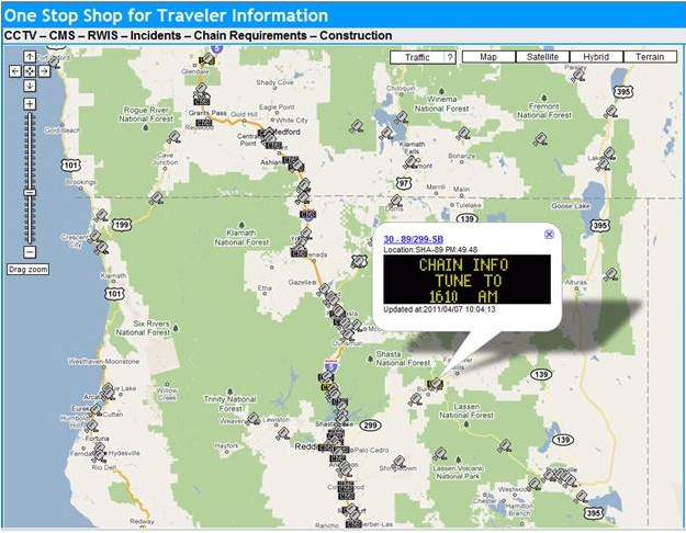 OSS Screenshot (4/7/2011): CMS showing "chain info tune to 1610 AM", along SR-299 near Burney, CA.
