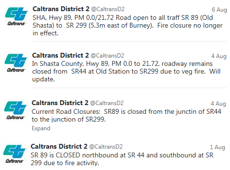Caltrans District 2 Twitter Feed Showing Information about the SR 89 Closure