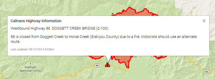 Highway 96 Closure Indicated in QuickMap along with Fire Perimeter