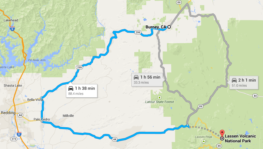 Routes from Burney, CA to Lassen Park Shown by Google Maps on 8/11/2014