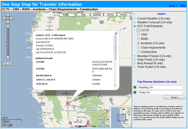 OSS Screenshot (5/13/2010):  When a user selects an 'incident icon,' information about that incident is displayed.