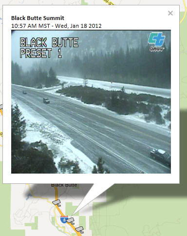 OSS Screenshot (1/18/2012): CCTV camera image showing road conditions near Black Butte Summit.