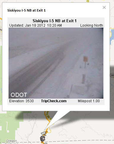 OSS Screenshot (1/18/2012): CCTV camera image showing road conditions on I-5 NB at Exit 1 near Siskiyou Pass.