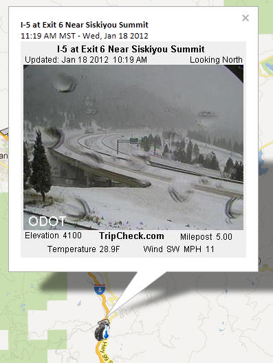 OSS Screenshot (1/18/2012): CCTV camera image showing road conditions on I-5 at Exit 6 near Siskiyou Summit.
