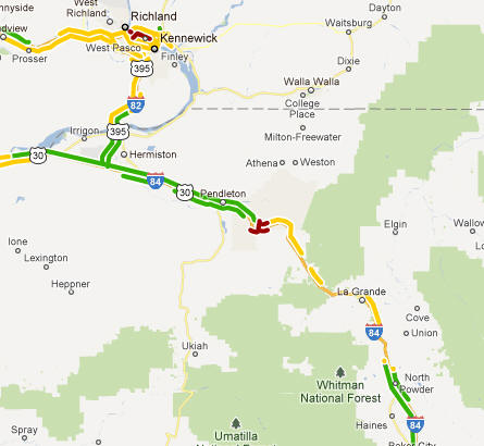 OSS Screenshot (1/18/2012): Google Traffic Layer showing heavy traffic for the Tri-Cities, WA and Pendleton, OR regions.