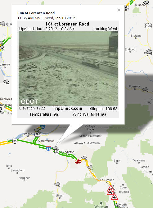 OSS Screenshot (1/18/2012): A CCTV camera image for I-84 at Lorenzen Road shows poor weather conditions.