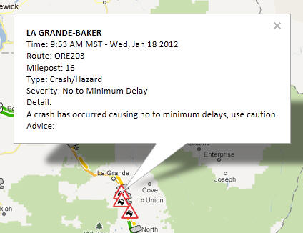 OSS Screenshot (1/18/2012): An Incident Report at La Grande-Baker, OR detailing severity and location of the accident.