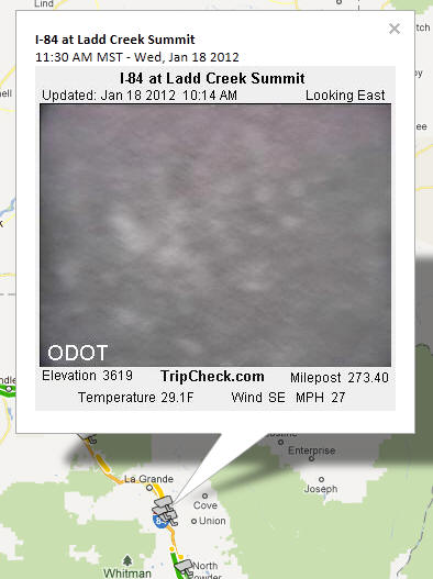 OSS Screenshot (1/18/2012): A CCTV camera image for I-84 at Ladd Creek Summit.