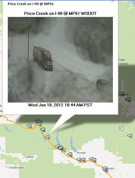 OSS Screenshot (1/18/2012): A CCTV camera for Pine Creek on I-90 in Washington near Snoqualmie Pass shows snow and winter conditions.