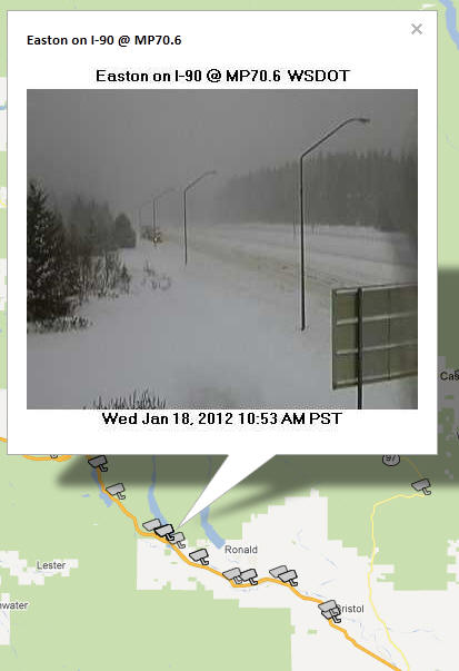 OSS Screenshot (1/18/2012): A CCTV camera for Easton on I-90 in Washington shows poor driving conditions.