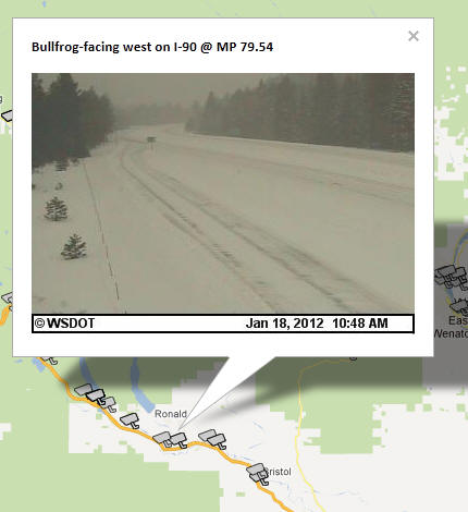 OSS Screenshot (1/18/2012): A CCTV camera image for Bullfrog facing west on I-90 in Washington also shows snow covered roads.