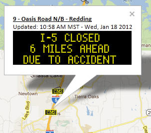 OSS Screenshot (1/18/2012): CMS message stating "I-5 closed 6 miles ahead due to accident."