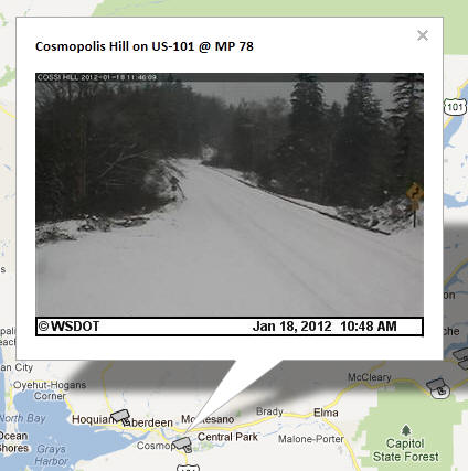 OSS Screenshot (1/18/2012): A CCTV camera image for Cosmopolis Hill on US-101 near Aberdeen.