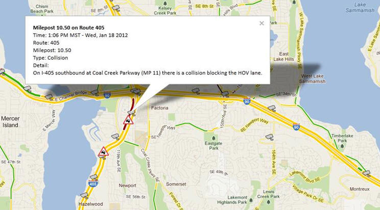 OSS Screenshot (1/18/2012): Incident Report in Seattle on I-405 South of the I-90 interchange.