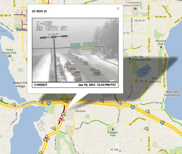 OSS Screenshot (1/18/2012): CCTV Image of Incident in Seattle on I-405 South of the I-90 interchange.