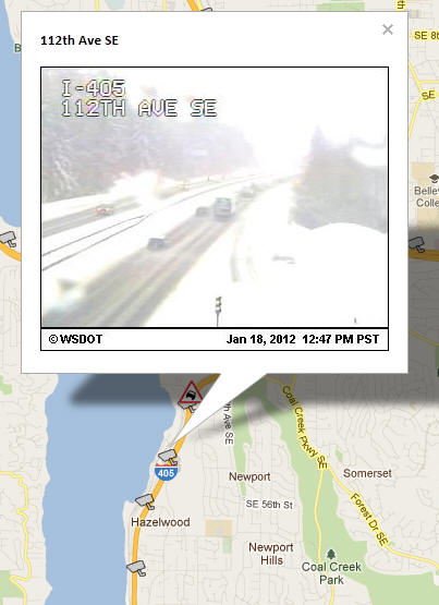 OSS Screenshot (1/18/2012): A CCTV camera image for I-405 at 112th Ave SE in Seattle.