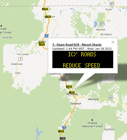 OSS Screenshot (1/18/2012): CMS Message Indicating Icy Roads Near Mt. Shasta.