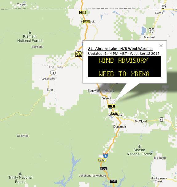 OSS Screenshot (1/18/2012): Wind Advisory CMS Message from Weed to Yreka.