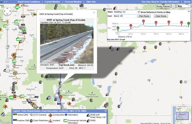OSS Screenshot (12/14/2011): CCTV Image, Chain Requirements, and other information along US-97 near Spring Creek in Oregon.