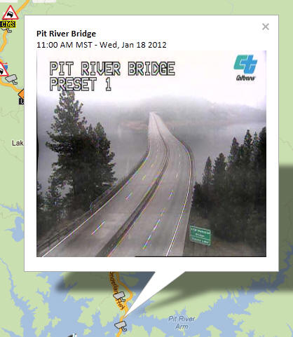 OSS Screenshot (1/18/2012): CCTV camera image showing Pit River Bridge, approaching Shasta Lake.