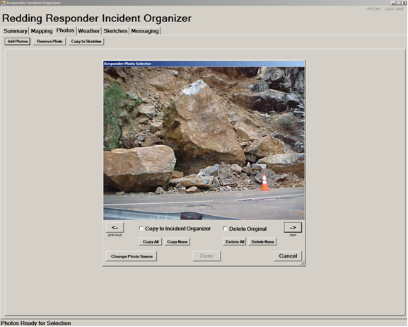 Responder software screenshot:  Photos can be added to the incident directly from a camera.