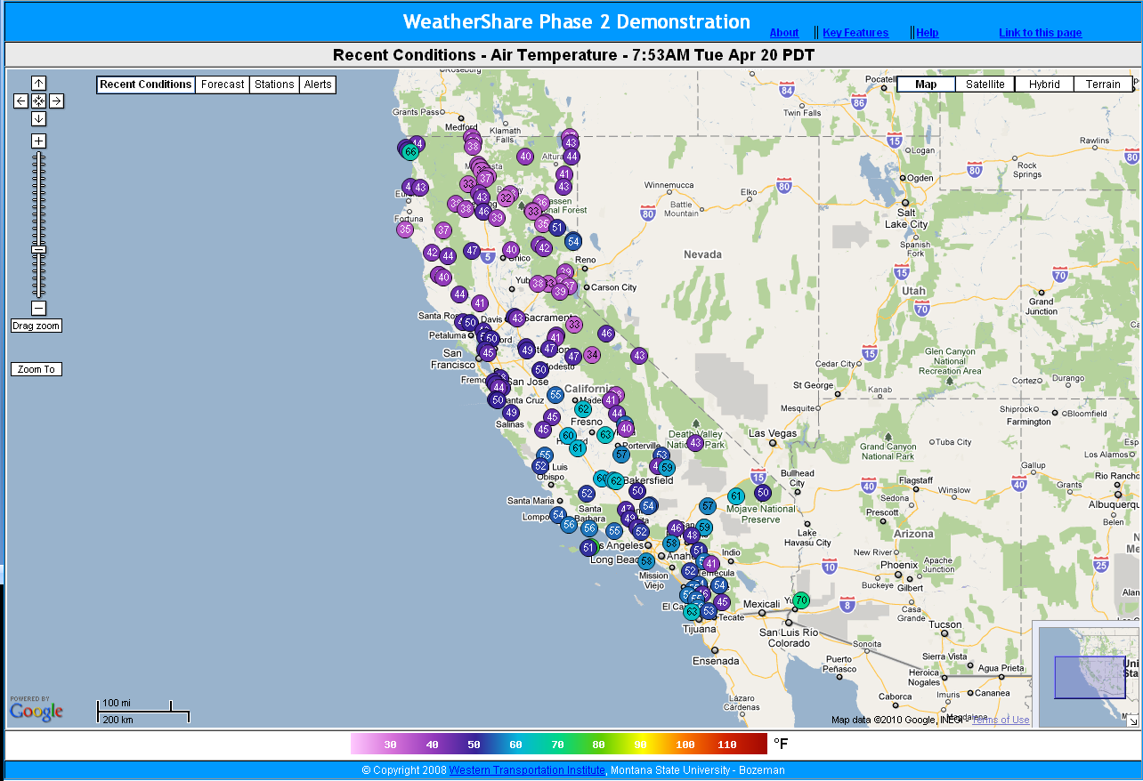 WeatherShare screenshot: The initial page of WeatherShare shows the current temperatures across California.