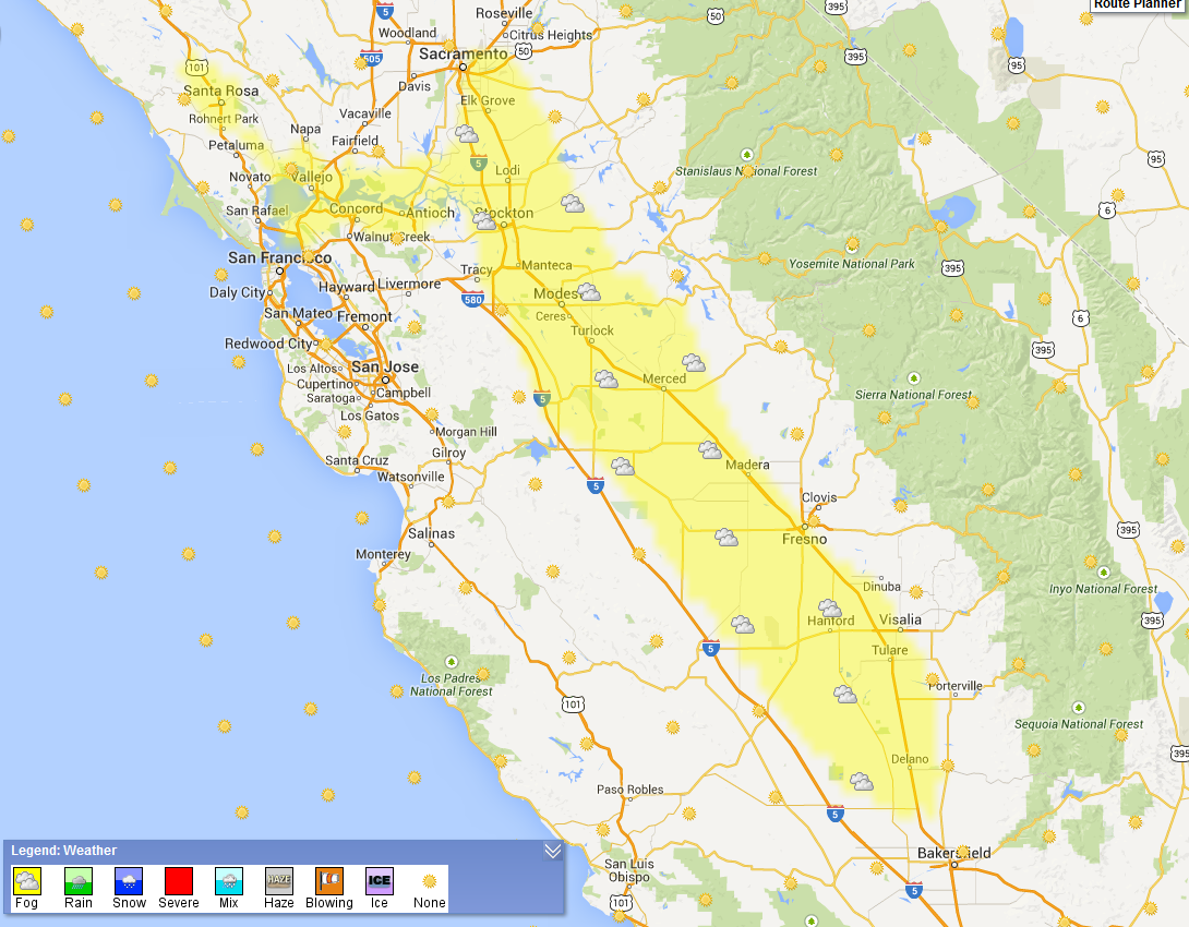 Yellow shaded areas represent NWS fog advisories in the Fresno and San Francisco Bay areas for the Friday morning commute.