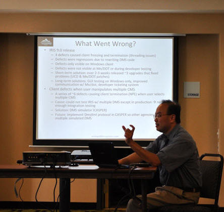 At the 2011 Forum, Kin Yen (AHMCT, UC-Davis) discusses challenges the project team encountered during development of the IRIS system.