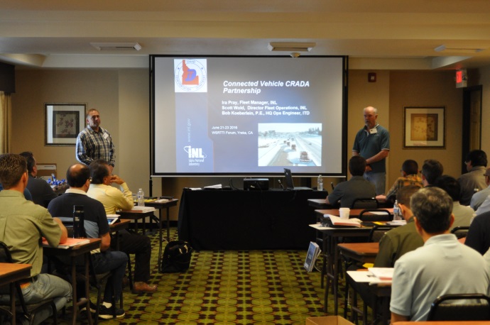 Ira Pray (left) and Bob Koeberlein (right) provide some background on the connected vehicle CRADA partnership between the Idaho National Laboratory and the Idaho Transportation Department, among other agencies/groups.